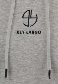 Felpa grigia con cappuccio e polsini, con logo ricamato blu navy e testo "KEY LARGO." Tessuto morbido con una superficie liscia, design casual.