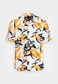 Short-sleeve shirt in white with bold orange, black, and light blue abstract patterns. Features a classic collar and button-down front.
