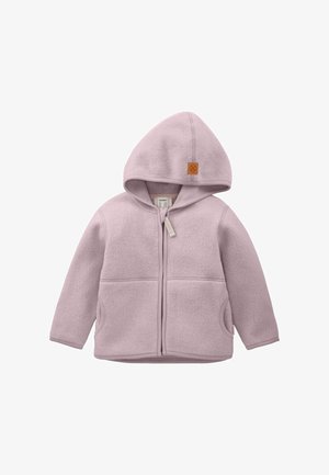 Giacca in pile viola chiaro per bambini con cappuccio, cerniera frontale, tasche laterali e piccolo logo marrone sul cappuccio.