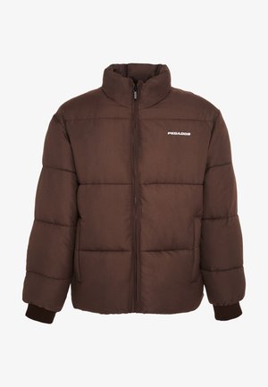 Brown padded jacket with front zipper, ribbed cuffs, side pockets, high collar, and white "PEGADOR" logo on chest.