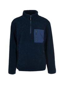 Marineblauwe fleece trui met een halve rits aan de voorkant, hoge kraag en een ritsborstas in een iets andere stof.