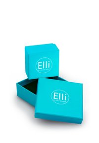 En teal gaveæske med en glat finish, der har et hvidt logo "Elli by Julie & Grace." Låget er let åbent, hvilket afslører et grønt indre.