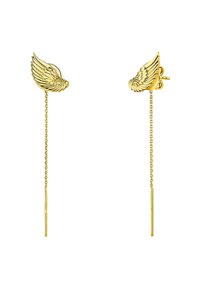 Pendientes de oro con diseños de alas, con un intrincado detalle, extensiones de cadena largas y postes rectos para un cierre seguro.