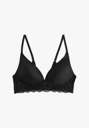 Soutien-gorge noir avec des bonnets moulés, des bretelles réglables et une finition en dentelle à la base. Texture de tissu lisse et forme triangulaire classique.
