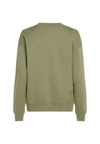 Felpa verde oliva con scollatura tonda, maniche lunghe e polsini a costine. Tessuto liscio e vestibilità casual, con un design posteriore semplice.
