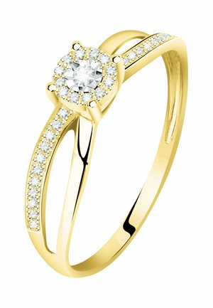 Gold ring with split shank design, featuring a central round diamond surrounded by smaller diamonds on the band and halo setting.