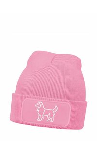 Pink knitted beanie with a textured surface and a folded brim. Features a white patch with a dog silhouette design.