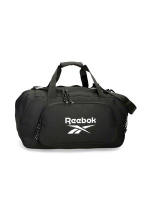 Bolsa de lona Reebok negra con dos asas, bolsillo frontal con cremallera, correa de hombro ajustable y logotipo blanco en el panel frontal.