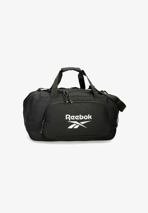 Bolsa de lona Reebok negra con dos asas, bolsillo frontal con cremallera, correa de hombro ajustable y logotipo blanco en el panel frontal.