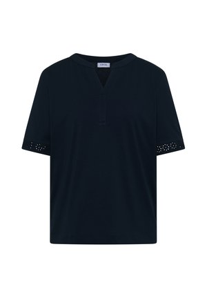 Czarna koszulka z krótkim rękawem, dekoltem w kształcie litery V i koronkowymi detalami na mankietach, z metką "CECIL" wewnątrz kołnierza.