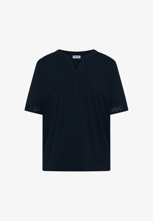 Sort kortærmet skjorte med V-udskæring og blondedetaljer ved ærmekanterne, mærket "CECIL" inde i kraven.