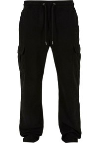 Pantalon cargo noir avec taille à cordon, poches latérales et coupe décontractée. Confectionné en tissu doux, avec une texture lisse et un design casual.