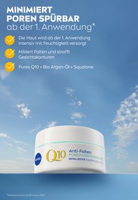 White cream jar with a turquoise accent; labeled "Q10 Anti-Falten PORENVERFEINERUNG" by NIVEA. Background features a blue sky.
