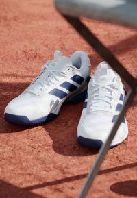 Chaussures de sport blanches avec des accents bleus, dotées d'une tige en mesh texturé, d'une semelle en caoutchouc et d'un design à lacets traditionnel.