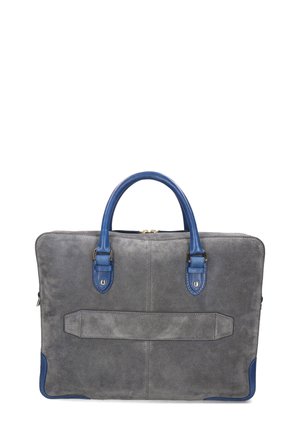Gray suede briefcase with blue leather handles and corner accents, rectangular shape, and horizontal strap on front.