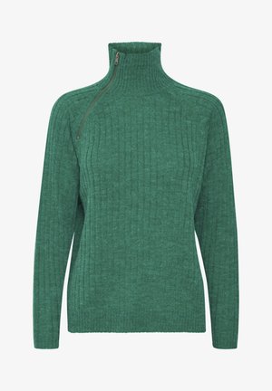 Grön ribbad stickad tröja med hög krage, med en halv dragkedja vid halsen. Mjuk textur och avslappnad passform.