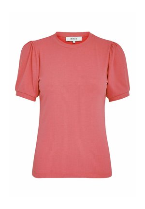 Vaalain korallinvärinen t-paita, jossa on lyhyet puffihihat ja pyöreä pääntie. Pehmeä pinta, muotoiltu malli. Brändilappu näkyvissä pääntien sisäpuolella.