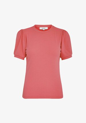 Różowa bluzka z prążkowanego materiału, z krótkimi bufkami i okrągłym dekoltem. Miękka tekstura, dopasowany krój. Widoczna metka brandowa wewnątrz dekoltu.
