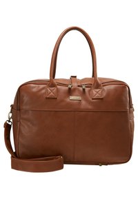 Borsa in pelle marrone con doppie maniglie e una tracolla rimovibile. Presenta una chiusura con zip, dettagli cuciti e una piccola placca con logo.
