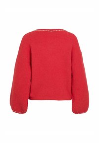 Maglione rosso accorciato realizzato in un morbido tessuto texturizzato. Presenta ampie maniche a palloncino e un bordo decorativo con piccole accentuazioni bianche al collo.