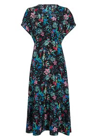 Blumenkleid aus schwarzem Stoff mit bunten tropischen Mustern, kurzen Puffärmeln und einem ausgestellten Saum für eine lockere Passform.