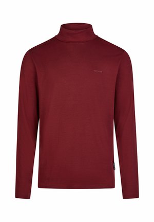 Bordeaux turtleneck shirt gemaakt van zachte stof, met lange mouwen en een logo op de borst. Soepele textuur en aansluitend ontwerp.