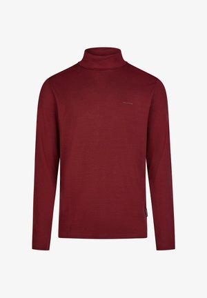 Bordeaux turtleneck shirt gemaakt van zachte stof, met lange mouwen en een logo op de borst. Soepele textuur en aansluitend ontwerp.