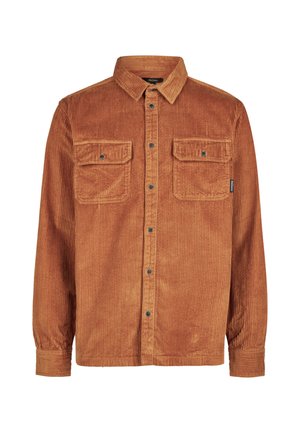 Brown corduroy long-sleeve shirt with two buttoned chest pockets, button front, collar, and elastic cuffs.