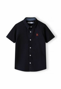 Camicia a maniche corte con bottoni in cotone di un blu navy scuro. Presenta un logo rosso in contrasto sul petto e un design del colletto classico.