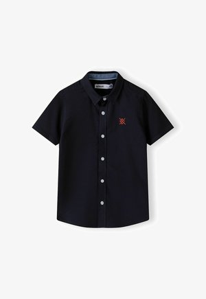 Korte mouwen, overhemd met knopen in donker marineblauw katoen. Kenmerkt zich door een contrasterend rood logo op de borst en een klassieke kraagontwerp.