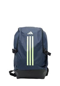 Zaino navy con fondo nero, caratterizzato da tre strisce verticali riflettenti e spallacci regolabili. Realizzato in tessuto resistente.