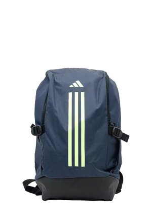 Zaino navy con fondo nero, caratterizzato da tre strisce verticali riflettenti e spallacci regolabili. Realizzato in tessuto resistente.
