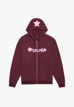 Burgundy zip-up hoodie with a pink star on the hood and front. Features drawstrings, front pockets, and graphic text in pink. Soft texture.