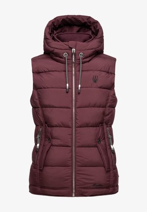 Bordeaux puffer vest met een capuchon, voorzien van een ritssluiting aan de voorkant, twee zijzakken en een klein logo op de borst. Getextureerd gewatteerd ontwerp.