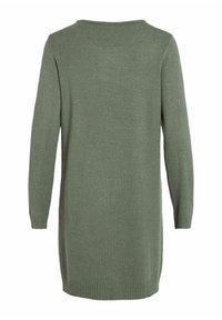 Olivgrön, långärmad tröjdress. Mjuk stickad tyg med rundad halsringning och ribbade ärmslut. Längd till mitten av låret, sömlös baksidedesign.