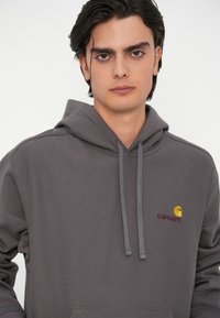 Hall hall, mille kapuutsi ja nööridega, millel on rinnal kollane ja burgundi "Carhartt" logo. Pehme kangas ja mugav lõige.