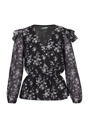 Blouse noire avec un motif floral en tons de gris, un décolleté en V, une taille peplum et des manches longues avec des accents froncés.