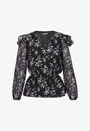 Blouse noire avec un motif floral en tons de gris, un décolleté en V, une taille peplum et des manches longues avec des accents froncés.
