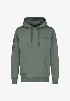 Green pullover hoodie made from soft fabric, featuring a front kangaroo pocket, drawstring hood, and text logo on the chest and sleeve.