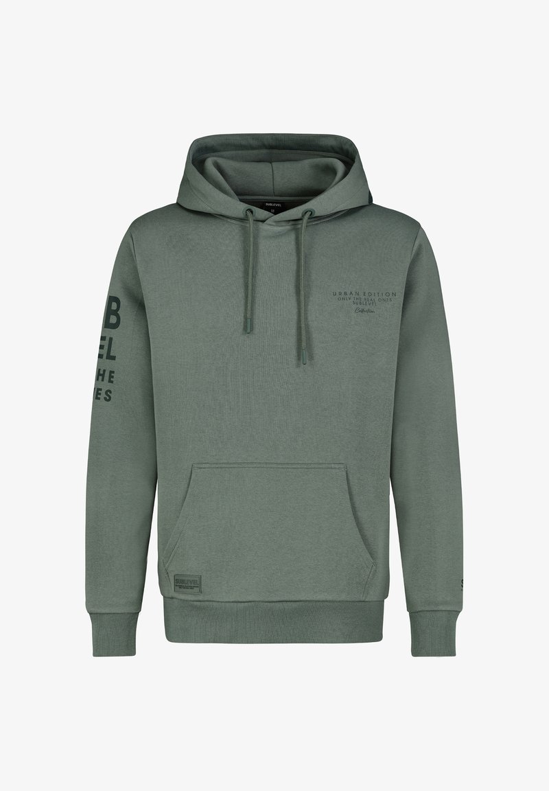 Green pullover hoodie made from soft fabric, featuring a front kangaroo pocket, drawstring hood, and text logo on the chest and sleeve.