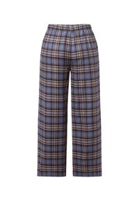 Spodnie w kratę z szerokimi nogawkami w odcieniach niebieskiego i brązowego, z elastycznym pasem. Miękka tkanina z wzorem w kratę i luźnym krojem.