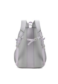 Zaino grigio e lavanda con spallacci imbottiti, clip regolabili, tasche laterali in rete e tessuto dalla consistenza liscia.