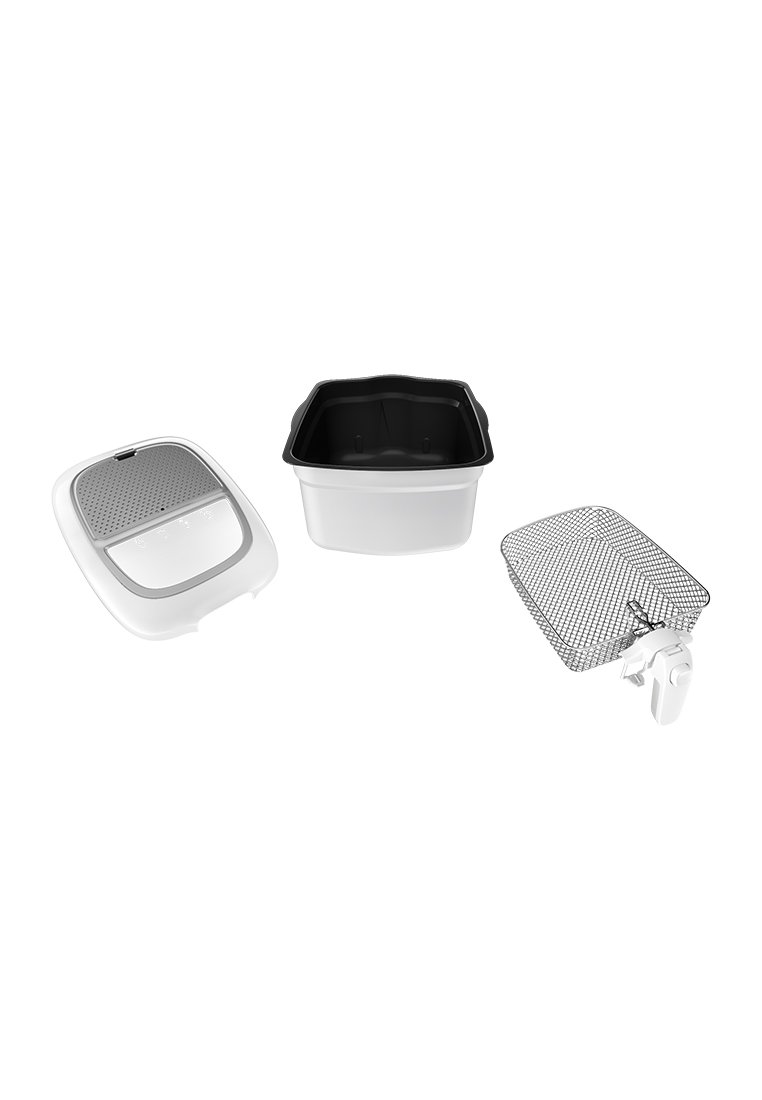 Kwadratowy zestaw garnków w kolorze białym i czarnym. Zawiera garnek, sitko oraz pokrywkę. Garnek ma gładką powierzchnię, natomiast sitko wyróżnia się wzorem siatki.