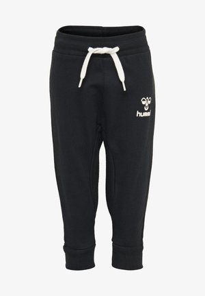 Schwarze Sweatpants mit gerippten Bündchen und elastischem Bund. Sie verfügen über einen weißen Kordelzug und ein kleines weißes Logo am Oberschenkel.