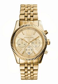 Orologio Michael Kors dorato con cassa rotonda, bracciale a maglie metalliche, quadrante minimalista, tre sotto-quadranti e display della data alle 6.