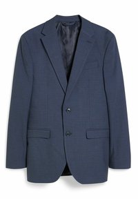 Marineblauwe blazer van textuurstof, met twee knopen, twee voorkruiden en een notch lapel ontwerp. Binnenvoering zichtbaar.