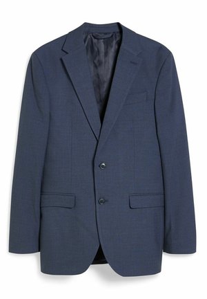 Marineblauwe blazer van textuurstof, met twee knopen, twee voorkruiden en een notch lapel ontwerp. Binnenvoering zichtbaar.
