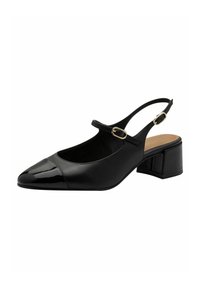 Sort slingback sko med rund tå, patentlæder hætte og en grov hæl. Har en ankelrem med to guldspænder.