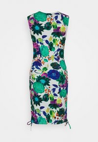 Kukallinen ilman hihoja oleva mekko, jossa on valkoinen tausta ja monivärisiä kasvipainatuksia, säädettävät sivuhihnat ja vartalon myötäilevä siluetti.