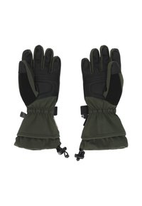 Ett par gröna och svarta isolerade vinterhandskar med justerbara handledsremmar och förlängda ärmar för skydd mot kalla väder.